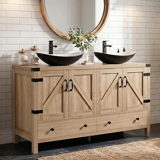 48 inch Natural Color Bathroom Vanity, Rustic Fixture Standing Pedestal Cabinet with Two Black and White Ceramic Boat Sinks