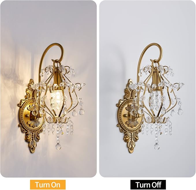 Fetason Indoor Hardwired Gold Crystal Vintage Wall Sconces Light Set of 2 | Modern Wall Mounted Lamp Light Fixture for Bedroom Living Room Bathroom Vanity Light Hallway Light Fixture Decor LED E12
