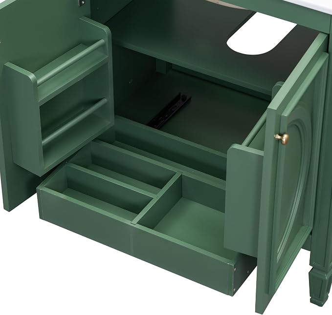 Christopher Knight Home Benton 30" Bathroom Vanity with Ceramic Sink, Wood Frame, Adjustable Shelves, Soft Close Door Hinges, Storage Cabinet with 2-Tier Door Organizer, 1 Drawer, Green