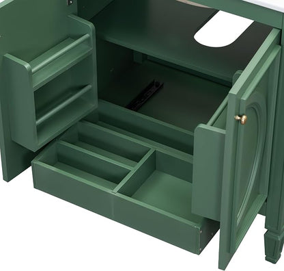 Christopher Knight Home Benton 30" Bathroom Vanity with Ceramic Sink, Wood Frame, Adjustable Shelves, Soft Close Door Hinges, Storage Cabinet with 2-Tier Door Organizer, 1 Drawer, Green