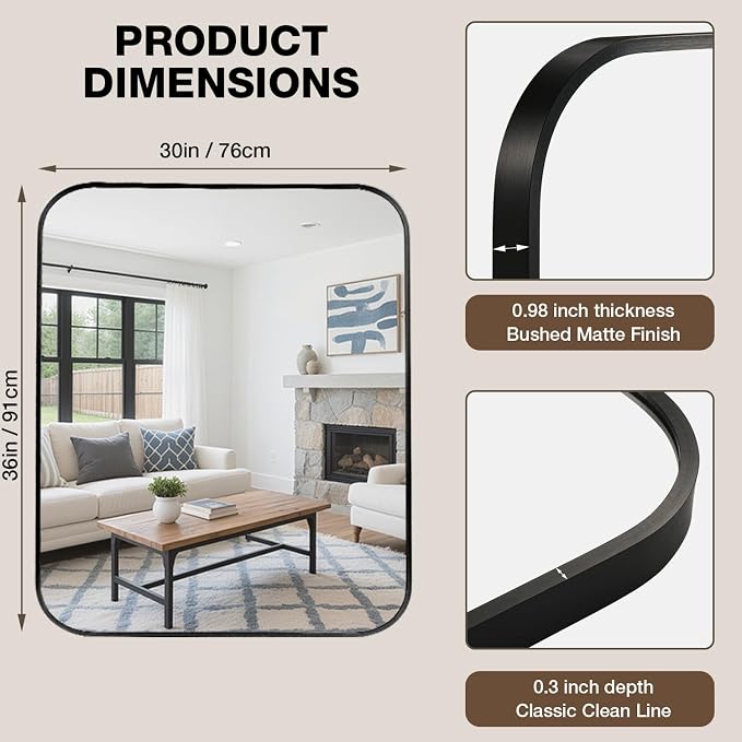 30"x36" Bathroom Mirrors for Over Sink, Matte Black Rectangle Vanity Mirror | Aluminum Alloy Frame, Clear Reflection, Rust-Resistant, Vertical or Horizontal, Wall Mount, Bedroom and Entryway