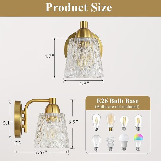 Mecgirn Stainless Steel Bathroom Vanity Light Over Mirror, 1 Light Brushed Gold Bathroom Light Fixtures with Textured Glass Shades, Modern Vanity Lighting Wall Mount