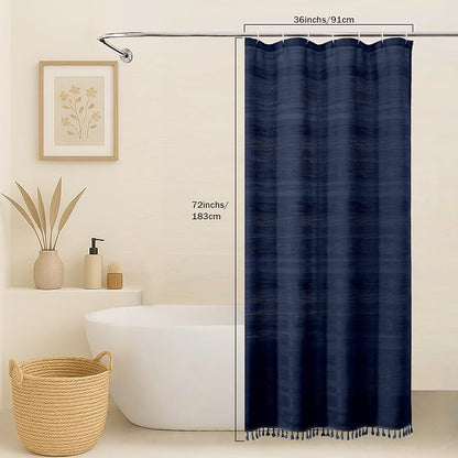 Navy Blue Boho Stall Shower Curtain, Narrow Soft Fabric Striped Linen Textured Bathroom Shower Curtain with Tassel, Modern Farmhouse Machine Washable, Bath Decor, 36Wx72L Inches