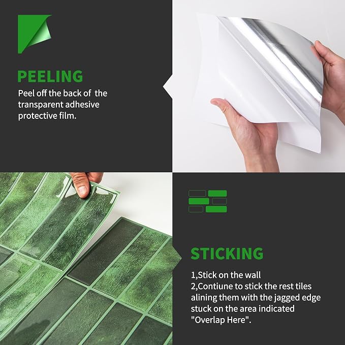 LONGKING 10-Sheet Green Peel and Stick Backsplash Tiles for Kitchen Wall, Kitchen Backsplash Wall Tile, Waterproof Back Splash Stick on Tiles for Bathroom | Peel and stick backsplash, self-adhesive wall tile, Green, waterproof, kitchen bathroom wall, 1...