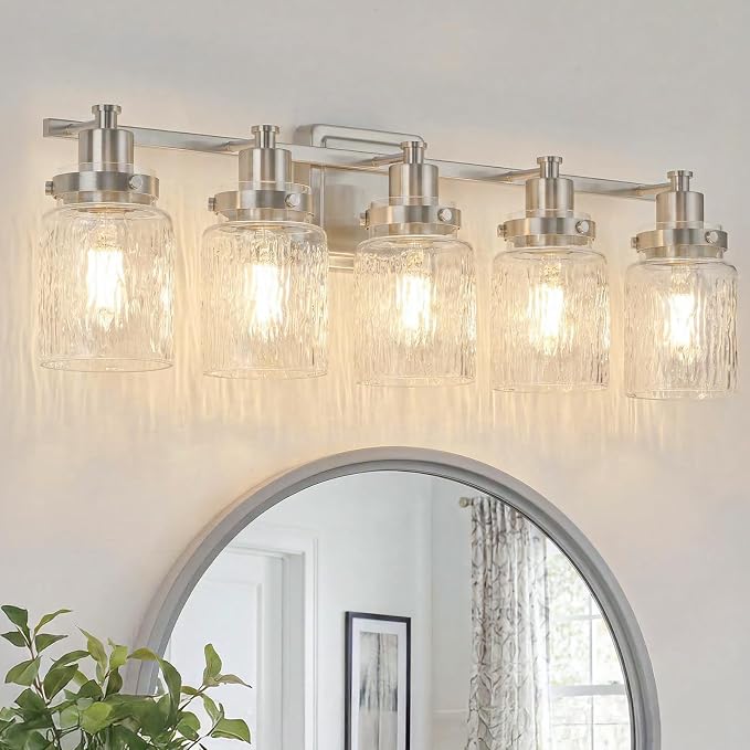 5 Light Bathroom Vanity Light Fixtures Modern Brushed Nickel | ETL Certificate, Easy to Install,Wall Mount Up or Down,Hammered Glass Lampshade,E26 Socket,Hardwired,120V