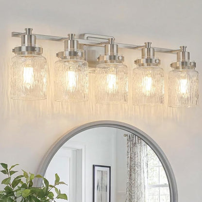 5 Light Bathroom Vanity Light Fixtures Modern Brushed Nickel | ETL Certificate, Easy to Install,Wall Mount Up or Down,Hammered Glass Lampshade,E26 Socket,Hardwired,120V