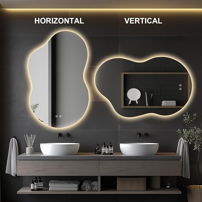 48"x30" Irregular LED Lighted Vanity Mirror for Bathroom, Backlit Only, Anti-Fog, 3-Color Dimmable Lighting, Wall Mount [Horizontal/Vertical]