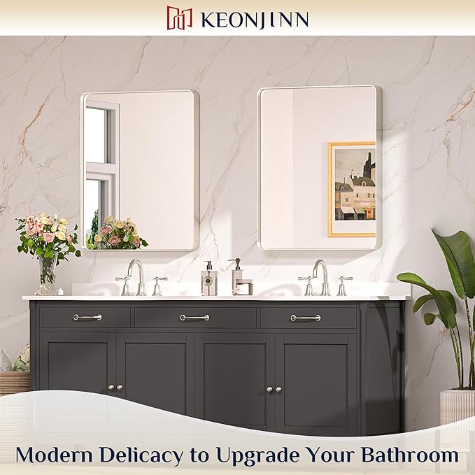 Keonjinn 28 x 36 Inch Brushed Nickel Bathroom Mirror, Tempered Glass | Rounded Rectangle Vanity Mirror, Silver Bathroom Mirrors for Over Sink, Rust-Resistant Aluminum Frame, French Cleat Mount