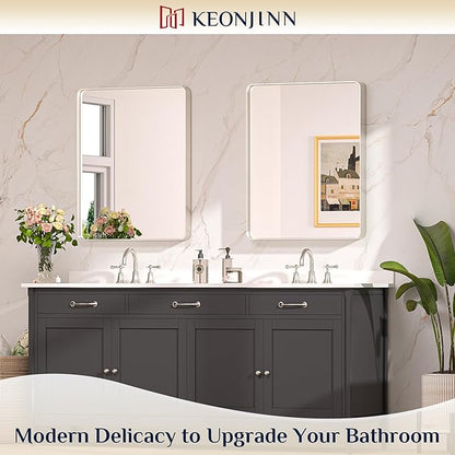 Keonjinn 28 x 36 Inch Brushed Nickel Bathroom Mirror, Tempered Glass | Rounded Rectangle Vanity Mirror, Silver Bathroom Mirrors for Over Sink, Rust-Resistant Aluminum Frame, French Cleat Mount