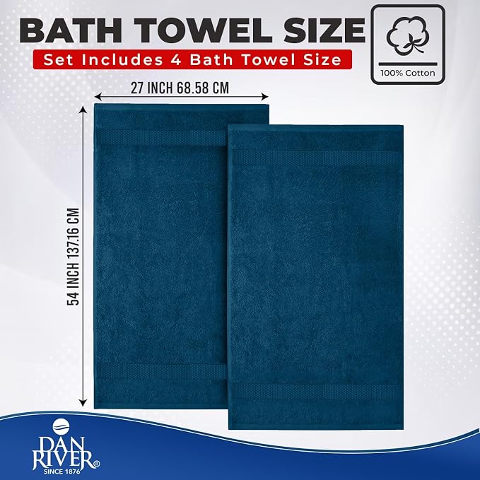DAN RIVER 600 GSM Cotton Large Bath Towels Set of 4, 27 x 54 Inches, Blue | Larger & Lighter Weight Towels for Bathroom - Highly Absorbent & Quick Dry 100% Cotton Bath Towel Set for Home, Spa & Hotel