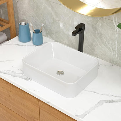 Lordear Vessel Sink Combo 19 x 15 White Bathroom Sink With Faucet Above Counter Rectangle White Ceramic Porcelain Sink with Matte Black Faucet Single Handle Combo
