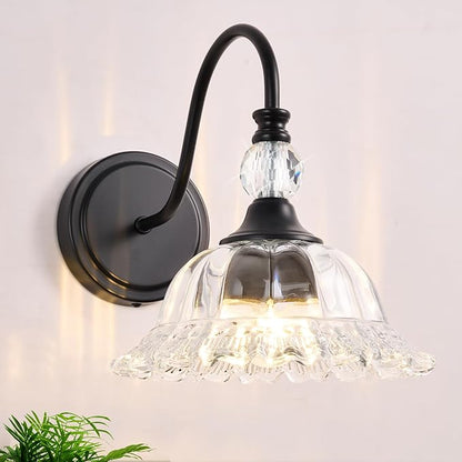 Vintage Bathroom Vanity Light Fixtures Matte Black Wall Sconces with Floral Crystal Glass Shade Wall Lights for Bathroom Bedroom Living Room Hallway Wall Decor(Exclude E26 Bulb)