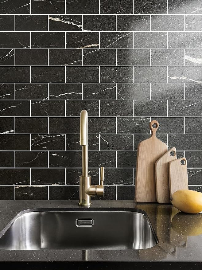 AULIGET Faux Stone Backsplash Peel and Stick PVC Tile, 3 Inch x 6 Inch Black Marble with White Grout Stick on Tiles for Backsplash, Pack of 4