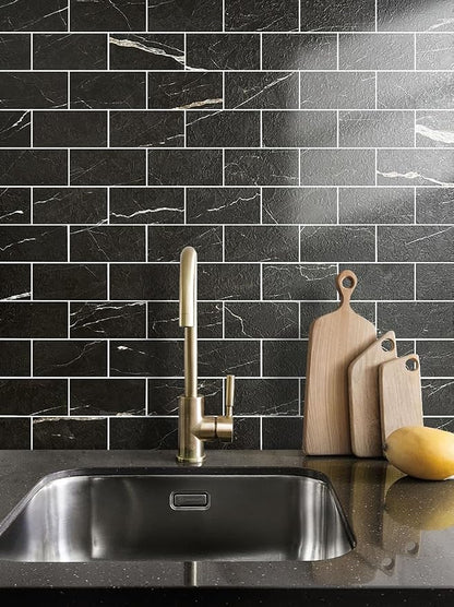 AULIGET Faux Stone Backsplash Peel and Stick PVC Tile, 3 Inch x 6 Inch Black Marble with White Grout Stick on Tiles for Backsplash, Pack of 4