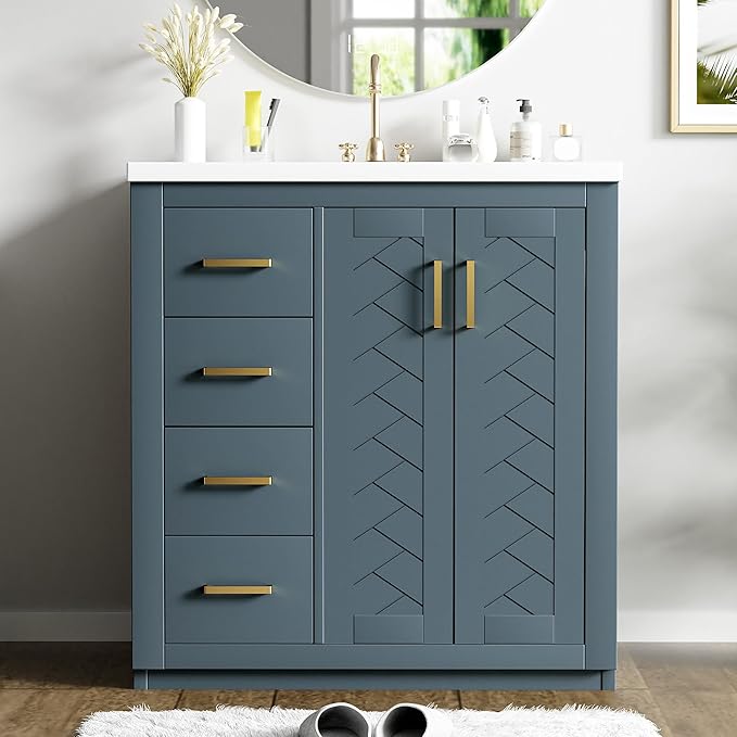 Merax Herringbone Single Sink Bathroom Vanity, Freestanding 30" Modern Bathroom Vanity Storage Cabinet with 3 Drawers and 2 Doors, Solid Wood Frame