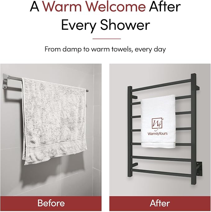 WarmlyYours Tahoe Heated Towel Rack, 7 Bars, Matte Black | Hardwired 120V heated towel rack for spa-like bathroom comfort, 427 BTU/hr, energy-efficient towel drying