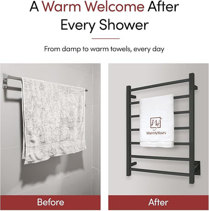 WarmlyYours Tahoe Heated Towel Rack, 7 Bars, Matte Black | Hardwired 120V heated towel rack for spa-like bathroom comfort, 427 BTU/hr, energy-efficient towel drying