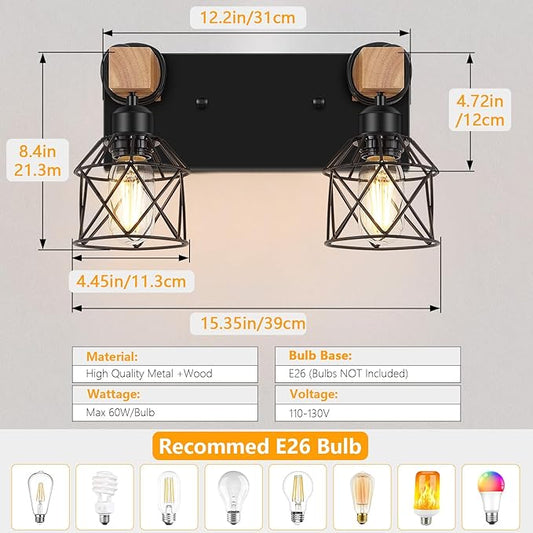 FadimiKoo 2-Light Farmhouse Bathroom Vanity Light Fixtures, Wood Bathroom Lighting Over Mirror, Black Rustic Sconces Wall Lighting with Metal Lampshade for Living Room, Bedroom, Hallway