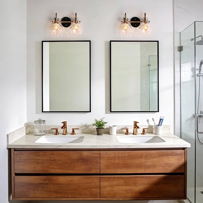 KSANA Modern Bathroom Vanity Lights, 2 Light Vanity Light Fixtures for Bathroom Black and Electroplated Brass Finish Mid-Century Wall Lamps with Water Ripple Glass