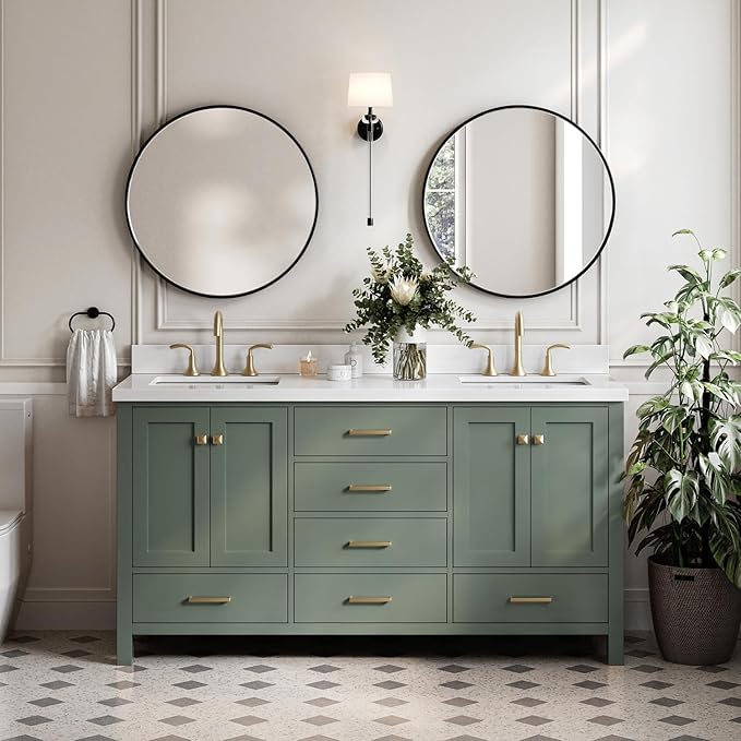 ARIEL Cambridge 67 Inch Double Rectangle Sink Bathroom Vanity with Pure White Quartz Countertop 1.5 Inch in Vintage Green
