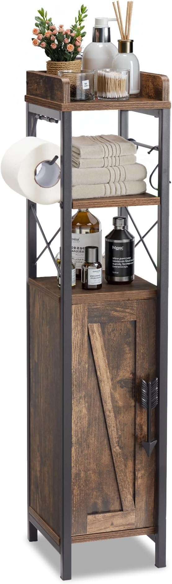 VECELO Small Bathroom Cabinet, Slim Toilet Paper Holder with Door&2 Shelves Metal Racks, Narrow Storage Organizers, Free Standing Farmhouse Style for Bathroom Restroom Tiny Space,Dark Brown
