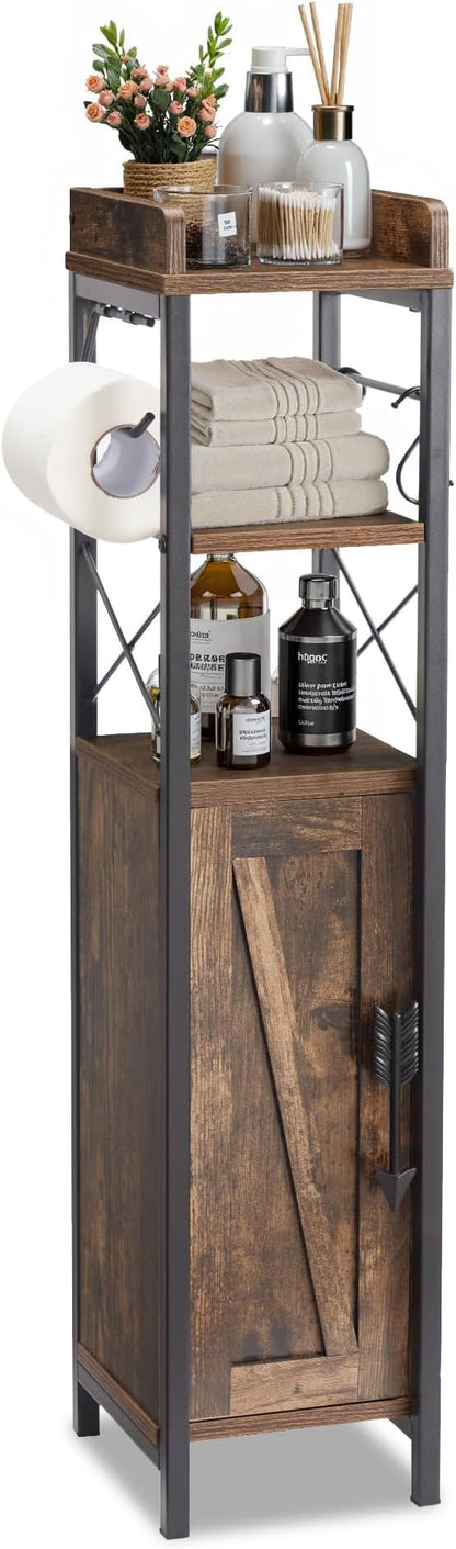 VECELO Small Bathroom Cabinet, Slim Toilet Paper Holder with Door&2 Shelves Metal Racks, Narrow Storage Organizers, Free Standing Farmhouse Style for Bathroom Restroom Tiny Space,Dark Brown