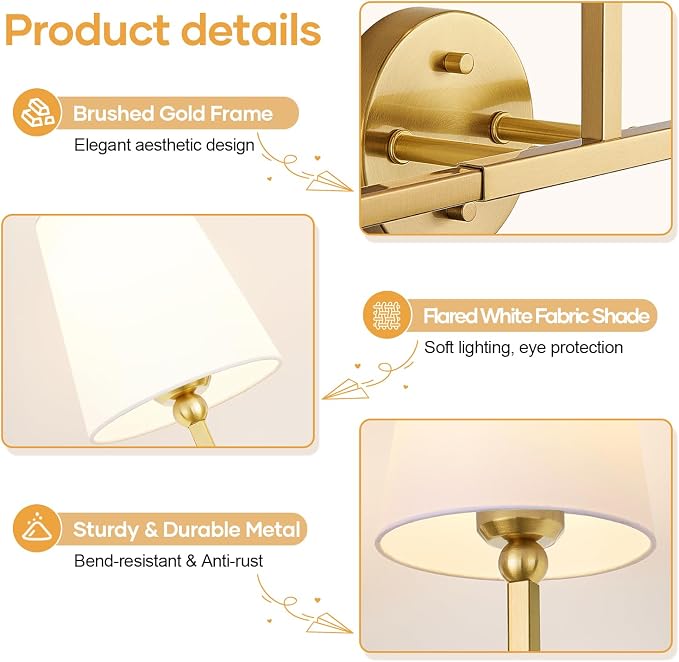 MOKATNG Bathroom Light Fixtures, 3-Light Brushed Gold Vanity Lights, Bathroom Lighting Fixtures Over Mirror with Flared White Fabric Shade, Modern Wall Sconces for Living Room Hallway