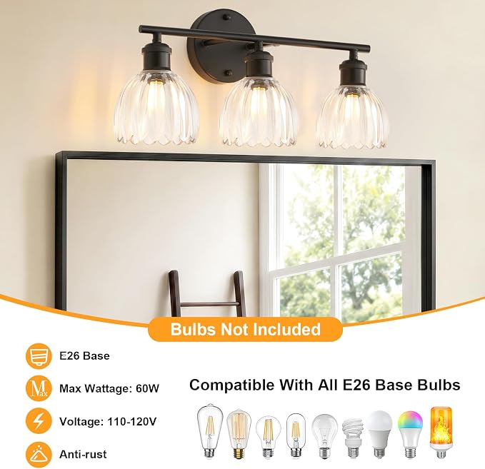 Bathroom Light Fixtures, 3-Light Brushed Black Vanity Lights for Bathroom with Clear Tulip Glass Shade, 20" Vintage Bathroom Vanity Lighting Fixtures Over Mirror for Bedroom Living Room Hallway