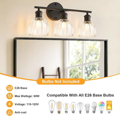 Bathroom Light Fixtures, 3-Light Brushed Black Vanity Lights for Bathroom with Clear Tulip Glass Shade, 20" Vintage Bathroom Vanity Lighting Fixtures Over Mirror for Bedroom Living Room Hallway
