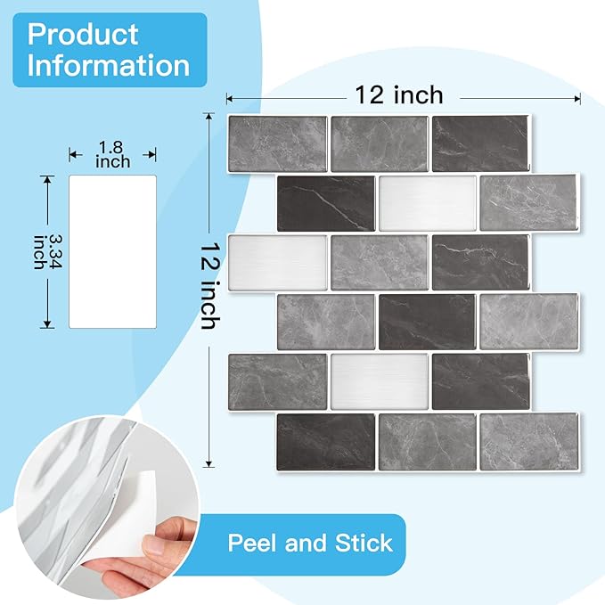 Art3d 10-Pack Subway Tiles Peel and Stick Backsplash, Granite, 12 x 12 Inch | Thickened Design, No Warping, Durable, Self-Adhesive, Sturdy, for Kitchen, Bedroom, Ideal for New Home Buyers, Future Movers