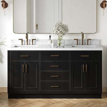 Isabella 66-Inch Black Double Bathroom Vanity with Sink, Carrara White Marble Countertop 1.5" Edge, Rectangle Undermount Sinks, 4 Soft-Close Doors, 6 Dovetail Drawers, Plinth Base
