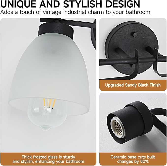 3-Light Black Bathroom Light Fixture,21 Inch Mid-Century Modern Vanity Lights for Bathroom with Frosted White Bell Shades, Industrial Wall Sconce for Mirror Over Vanity, Bedroom, Hallway
