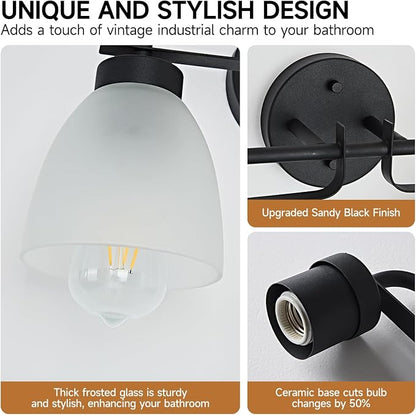 28 Inch Mid-Century Modern Vanity Lights, 4-Light Black Bathroom Light Fixture with Frosted White Bell Shades, Industrial Wall Sconce for Mirror Over Vanity, Bedroom, Hallway