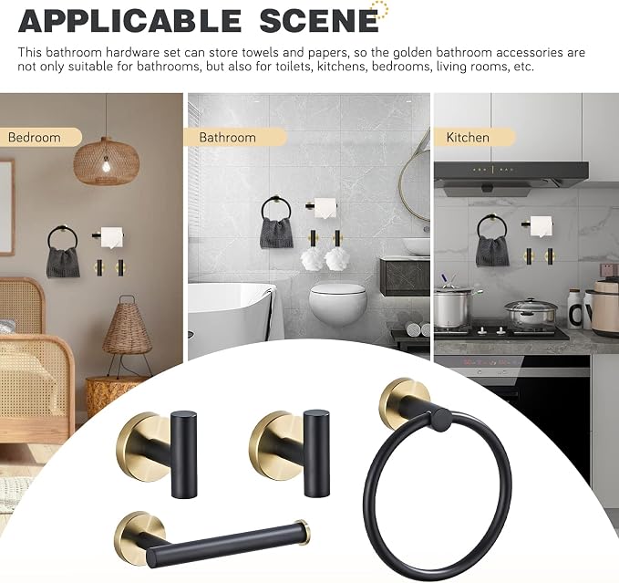 Bathroom Hardware Set 4 Piece Black&Gold Wall Mounted Stainless Steel Hardware Towel Bar Set Gold Bathroom Accessories Towel Rack Set Kit Includes Hand Towel Ring, Toilet Paper Holder, 2 Robe Hook