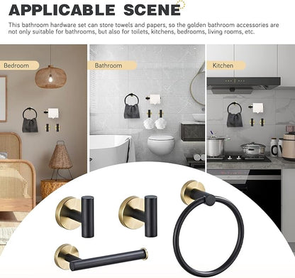 Bathroom Hardware Set 4 Piece Black&Gold Wall Mounted Stainless Steel Hardware Towel Bar Set Gold Bathroom Accessories Towel Rack Set Kit Includes Hand Towel Ring, Toilet Paper Holder, 2 Robe Hook