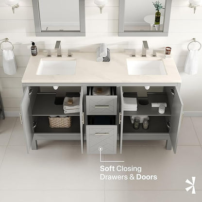 Eviva Cambridge 60 in. Gray Double Sink Bath Vanity with Quartz Top and Undermount Porcelain Sinks