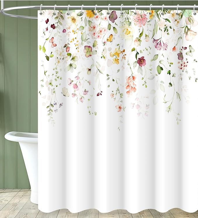 Spring Flower Extra Long Shower Curtain, Floral Colorful Nature Machine Washable Waterproof for Bathroom Bathtub with Hooks 72Wx84H