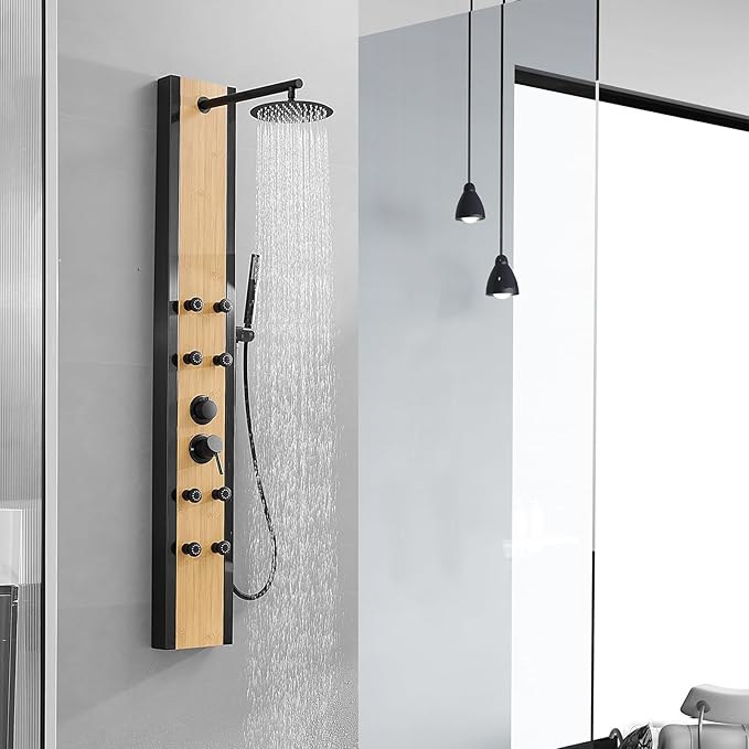 Shower Panel Tower System with Rainfall Shower Head, Wooden-style 304 Stainless Steel Shower Panels with 8 Body Massage Jets,Handheld for Home Hotel Bathroom Lavatory