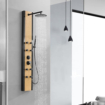 Shower Panel Tower System with Rainfall Shower Head, Wooden-style 304 Stainless Steel Shower Panels with 8 Body Massage Jets,Handheld for Home Hotel Bathroom Lavatory