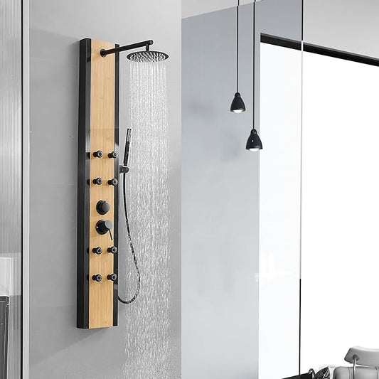 Shower Panel Tower System with Rainfall Shower Head, Wooden-style 304 Stainless Steel Shower Panels with 8 Body Massage Jets,Handheld for Home Hotel Bathroom Lavatory