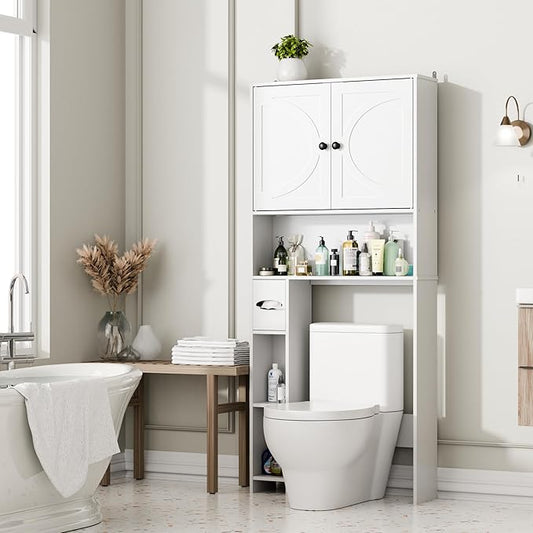 Over The Toilet Storage Cabinet, 65" Tall Bathroom Space Saver with 2 Doors & 2 Adjustable Shelves, Freestanding Organizer Toilet Cabinet for Bathroom, Laundry Room, Modern White Storage Unit
