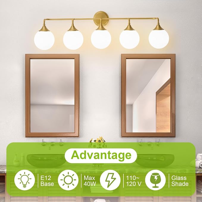 Brushed Gold Bathroom Light Fixtures Over Mirror Vanity 5-Light | Mid Century Modern Brushed Gold Wall Sconce with Milky White Glass Ball Shades for for Bathroom Dressing Table Bedroom
