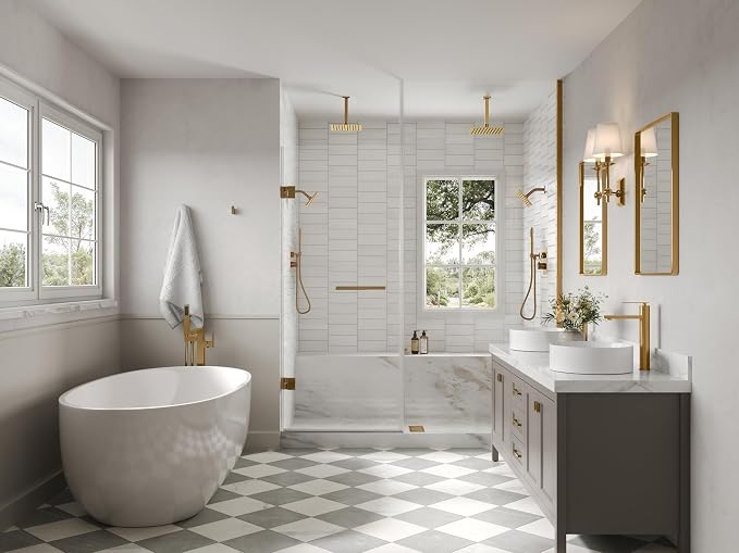 Ceiling Mount 12" High-Pressure Rainfall Shower Faucet, Dual Rainfall Shower Head System with Valve (Brushed Gold)