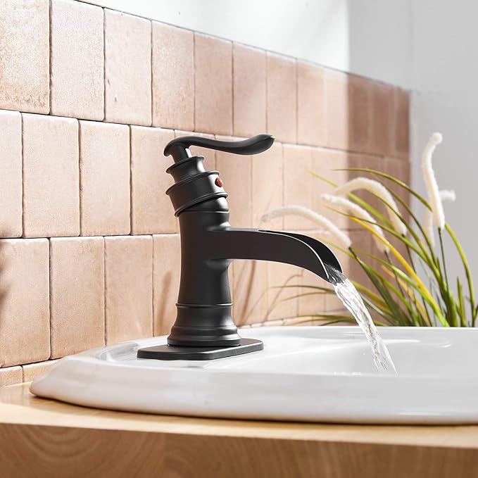 BWE Waterfall Bathroom Faucet Matte Black Bathroom Sink Faucet with Pop Up Drain Single Handle Deck Plate for 1 or 3 Hole Vanity Farmhouse Mixer Tap Fits All States, California 1.2 GPM Standard
