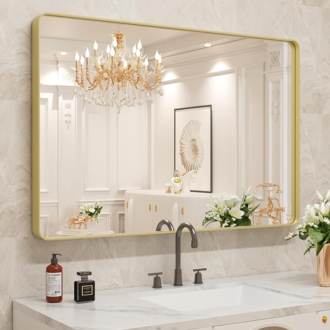 WEER Gold Bathroom Mirror, 48X30 Inch Brushed Gold Metal Frame Mirror, Rounded Rectangle Gold Bathroom Vanity Mirror for Wall, Tempered Glass, Anti-Rust, Hangs Horizontally or Vertically