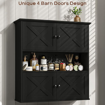 Vabches Bathroom Wall Cabinet, Farmhouse Medicine Cabinet with 4 Barn Doors, Large Wooden Vintage Storage Cabinet Wall Mounted for Bathroom, Kitchen, Black
