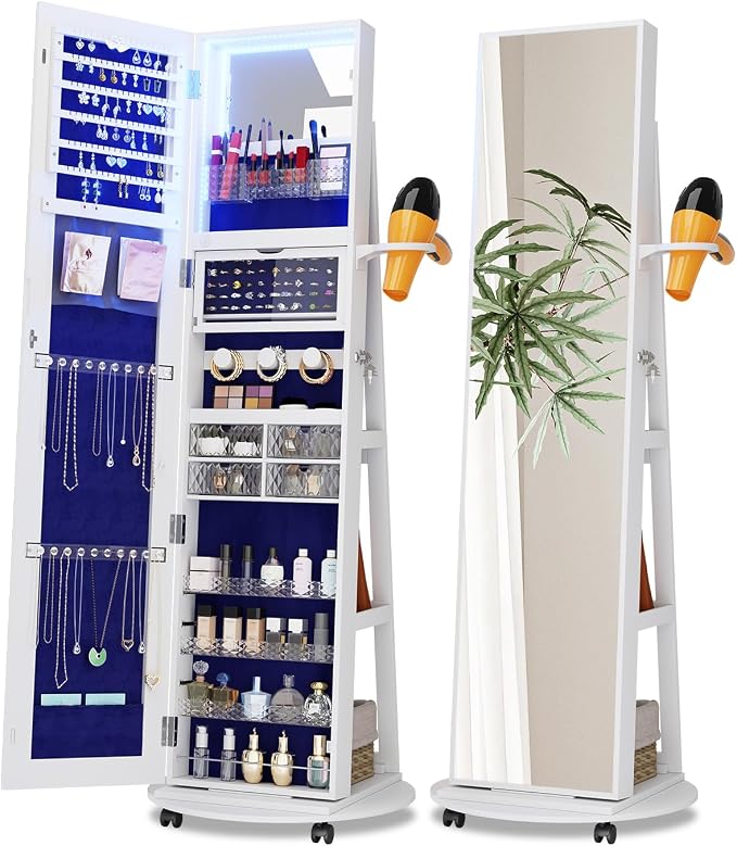 Full Length Mirror With Jewelry Storage, 360 Rotating Armoire Organizer With Lights, Lockable Cabinet Standing, Christmas Gifts (White)