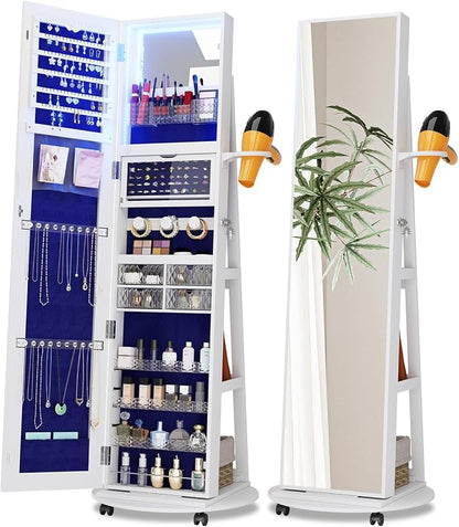 Full Length Mirror With Jewelry Storage, 360 Rotating Armoire Organizer With Lights, Lockable Cabinet Standing, Christmas Gifts (White)