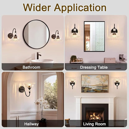 Vintage Bathroom Vanity Light Fixtures Matte Black Wall Sconces with Floral Crystal Glass Shade Wall Lights for Bathroom Bedroom Living Room Hallway Wall Decor(Exclude E26 Bulb)