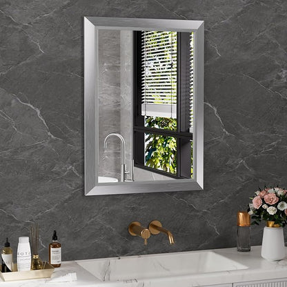 Bathroom Mirror for Wall, 22x30 Inch (Brushed Silver) | HD Reflection, Tempered Glass, Thick Metal Framed Rectangle Mirrors for Over Sink, Bedroom, Living Room, Entryway, Anti-Rust